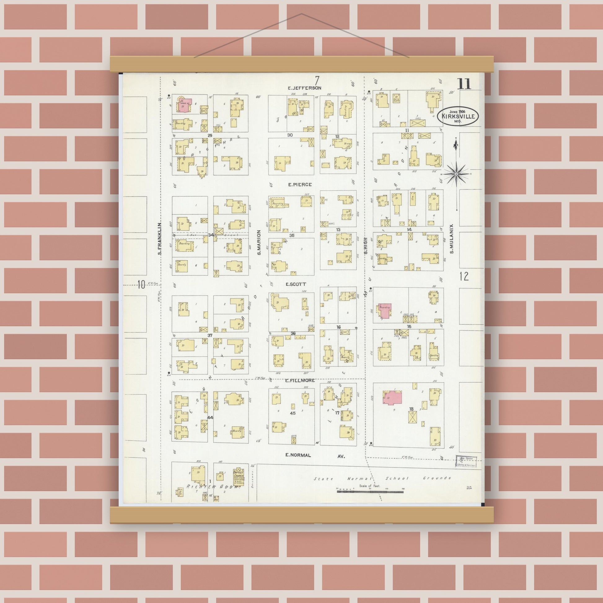 Old map wall art mockup — magnetic wood frame on brick wall — Sanborn Fire Insurance Map from Kirksville, Adair County, Missouri (1906), Sheet #0011
