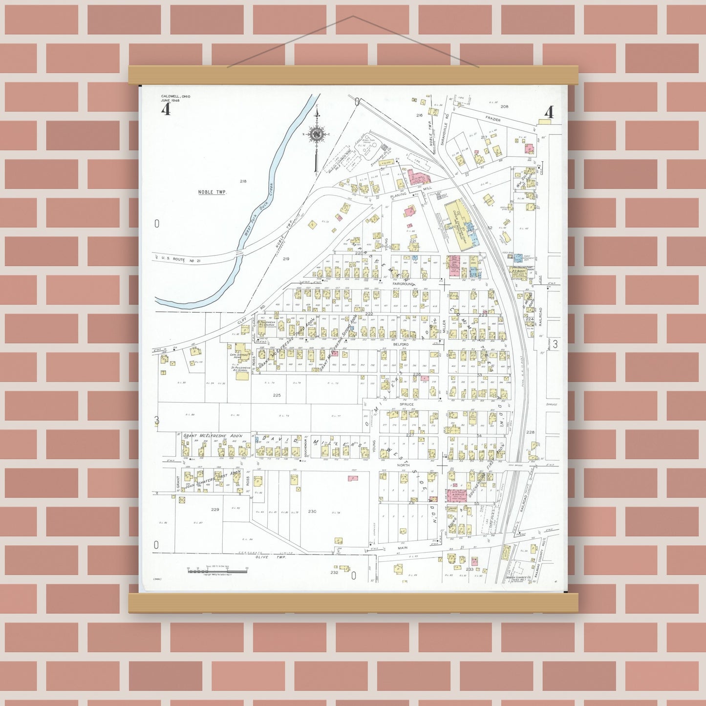 Old map wall art mockup — magnetic wood frame on brick wall — Sanborn Fire Insurance Map from Caldwell, Noble County, Ohio (1948), Sheet #0004