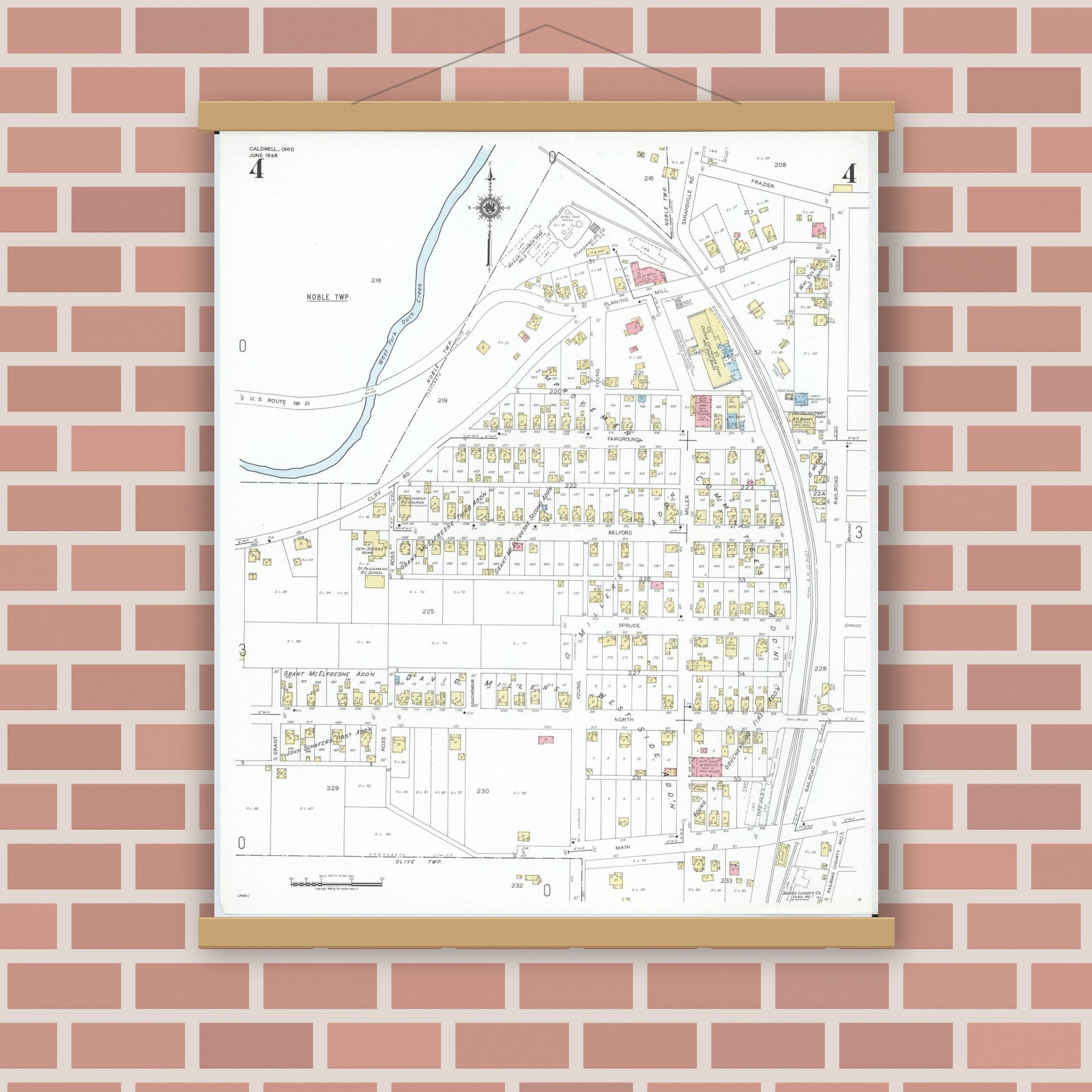 Old map wall art mockup — magnetic wood frame on brick wall — Sanborn Fire Insurance Map from Caldwell, Noble County, Ohio (1948), Sheet #0004