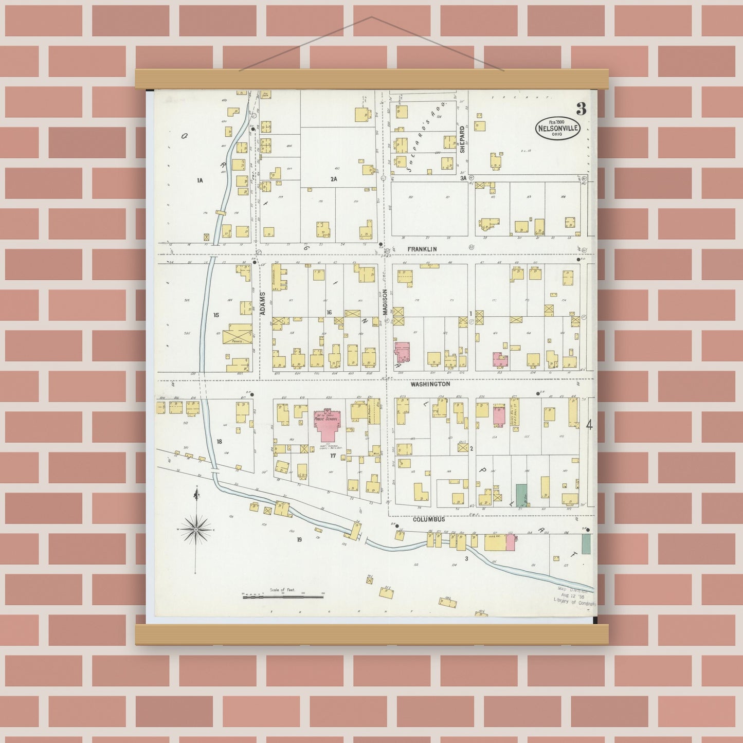 Old map wall art mockup — magnetic wood frame on brick wall — Sanborn Fire Insurance Map from Nelsonville, Athens County, Ohio (1900), Sheet #0003