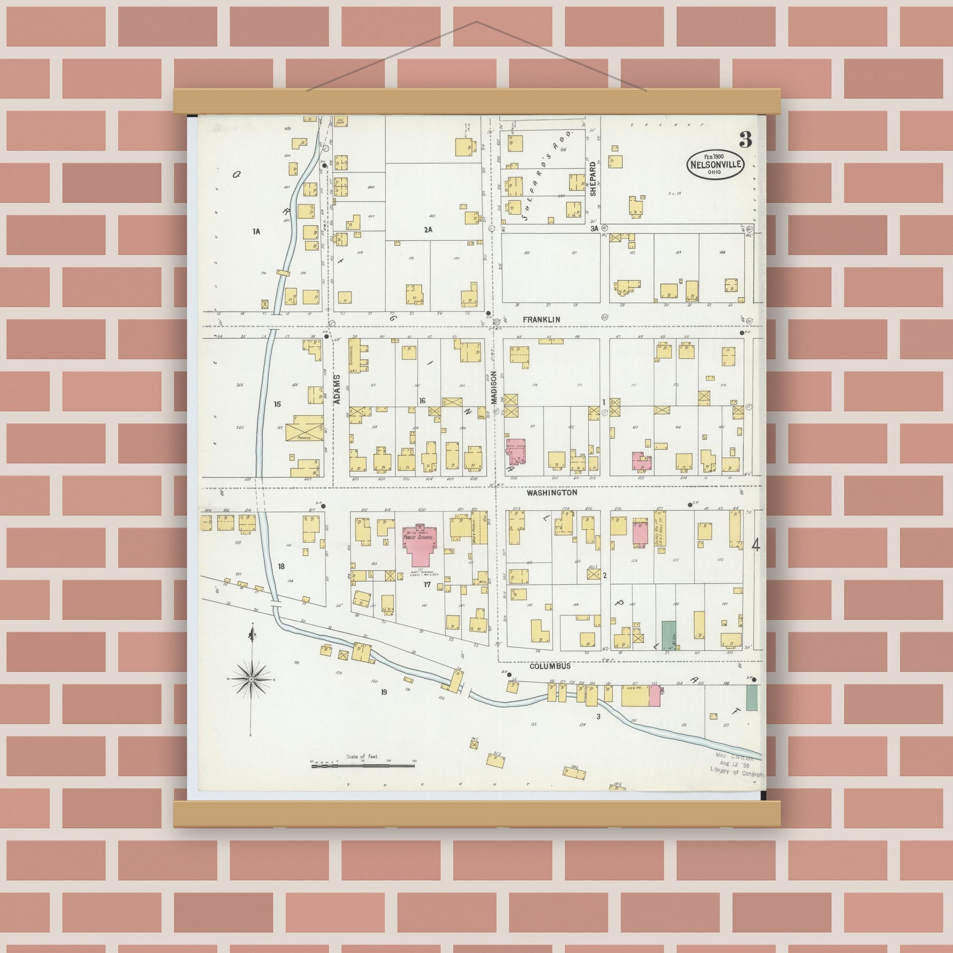 Old map wall art mockup — magnetic wood frame on brick wall — Sanborn Fire Insurance Map from Nelsonville, Athens County, Ohio (1900), Sheet #0003
