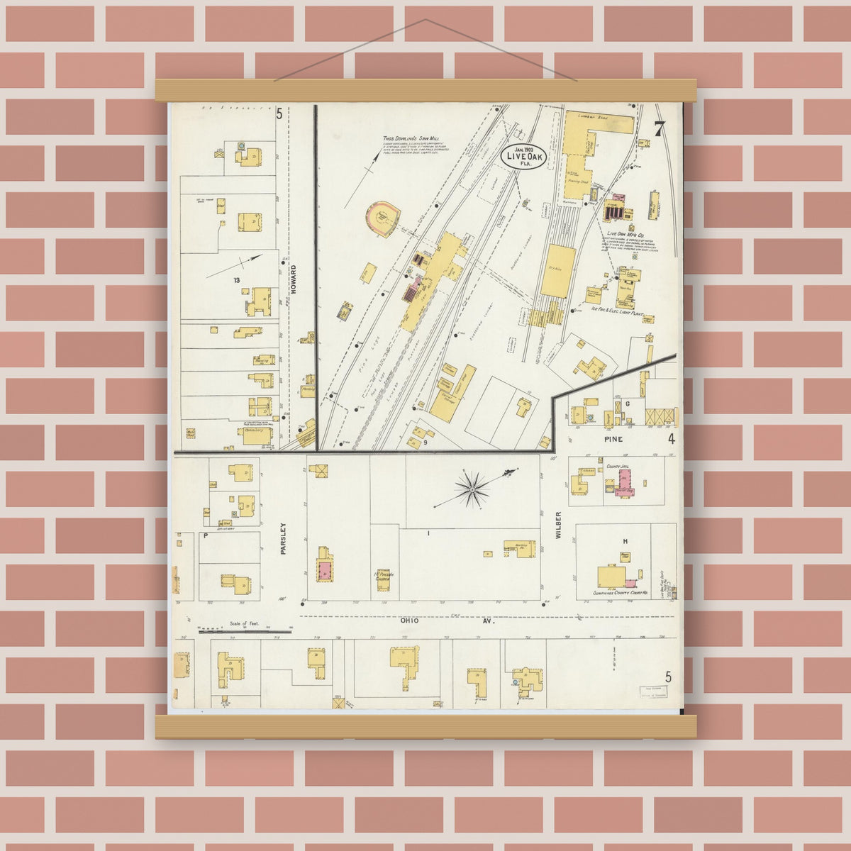 Old map wall art mockup — magnetic wood frame on brick wall — Sanborn Fire Insurance Map from Live Oak, Suwanee County, Florida (1903), Sheet #0007
