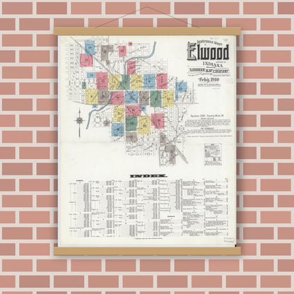Old map wall art mockup — magnetic wood frame on brick wall — Sanborn Fire Insurance Map from Elwood, Madison County, Indiana (1910), Sheet #0001