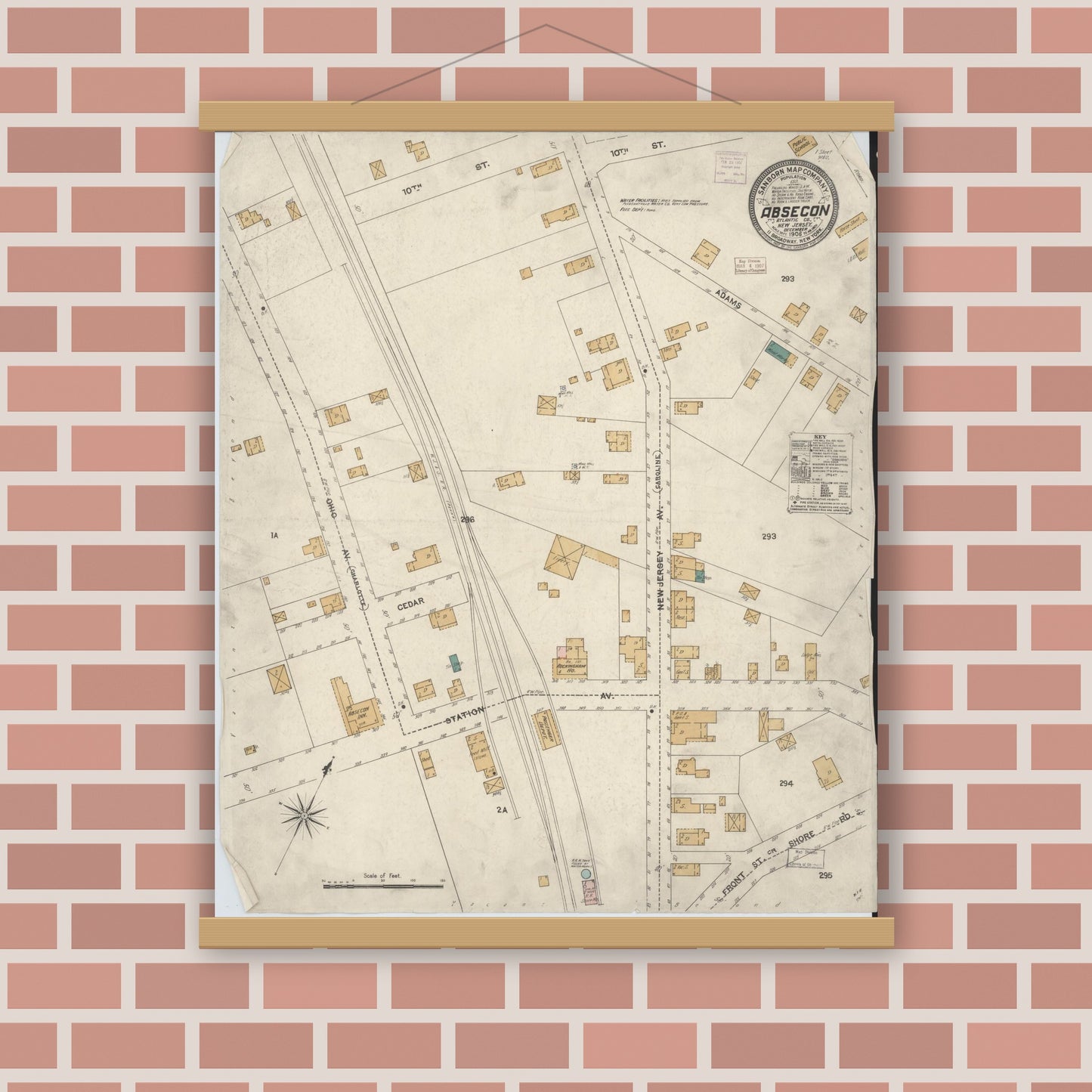 Old map wall art mockup — magnetic wood frame on brick wall — Sanborn Fire Insurance Map from Absecon, Atlantic County, New Jersey (1906), Sheet #0001