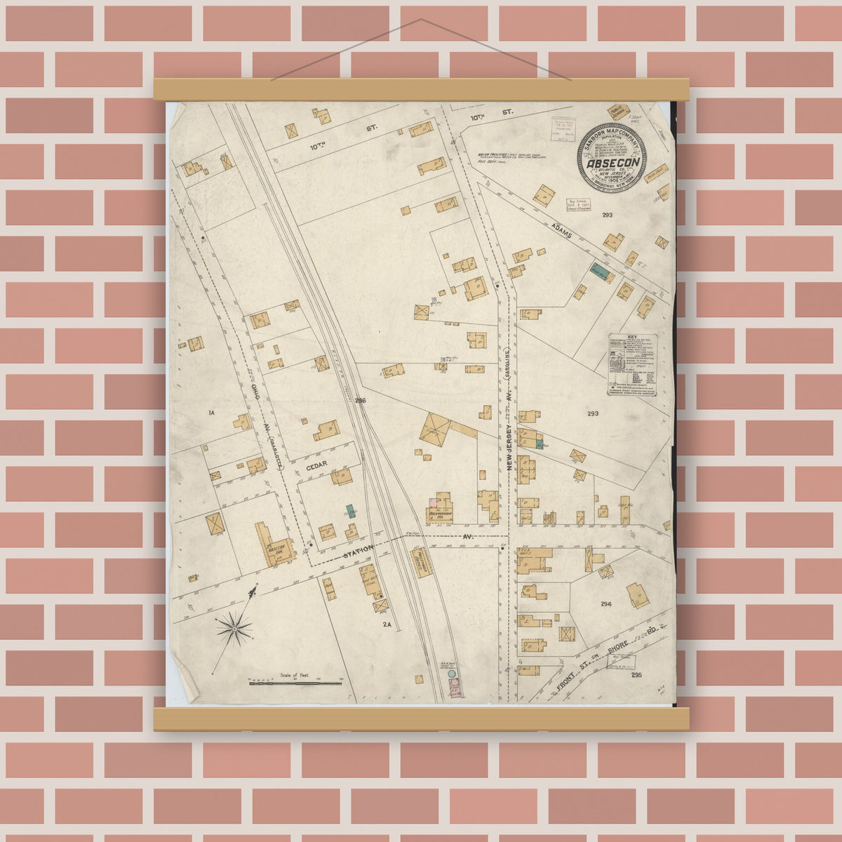 Old map wall art mockup — magnetic wood frame on brick wall — Sanborn Fire Insurance Map from Absecon, Atlantic County, New Jersey (1906), Sheet #0001