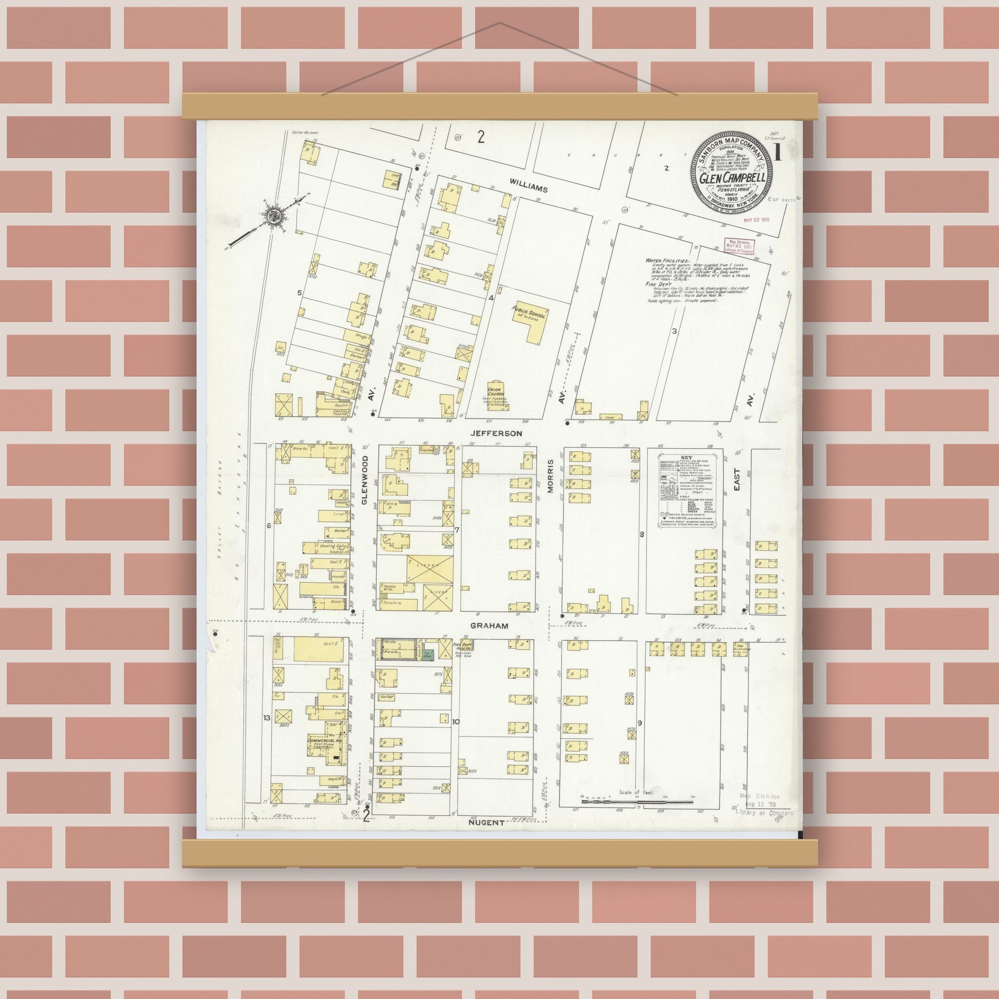 Old map wall art mockup — magnetic wood frame on brick wall — Sanborn Fire Insurance Map from Glen Campbell, Indiana County, Pennsylvania (1910) - Complete Map Set