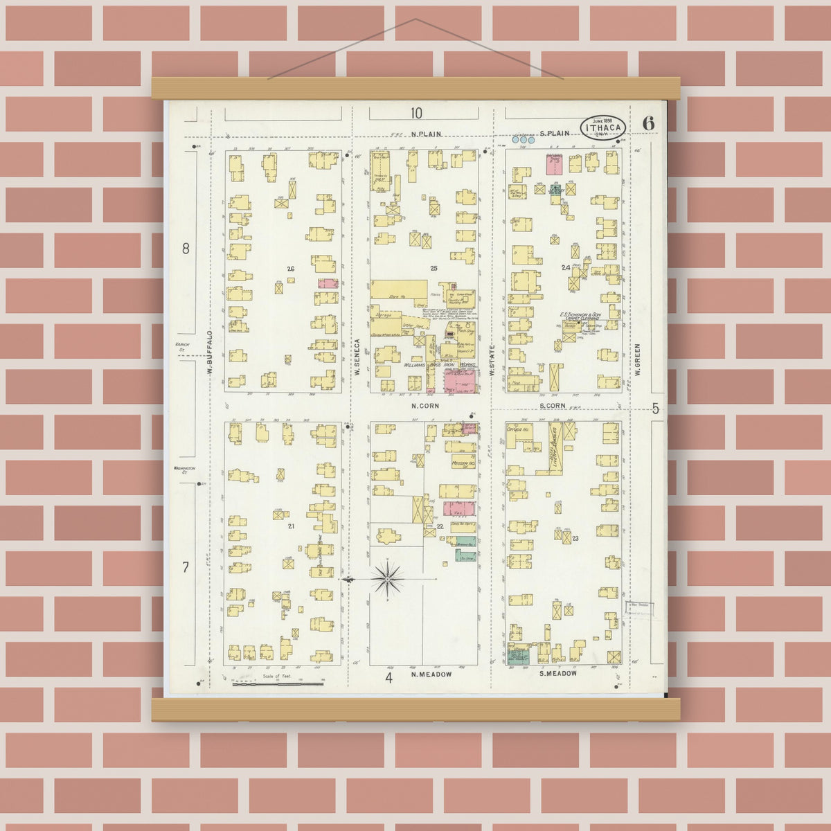 Old map wall art mockup — magnetic wood frame on brick wall — Sanborn Fire Insurance Map from Ithaca, Tompkins County, New York (1898), Sheet #0006