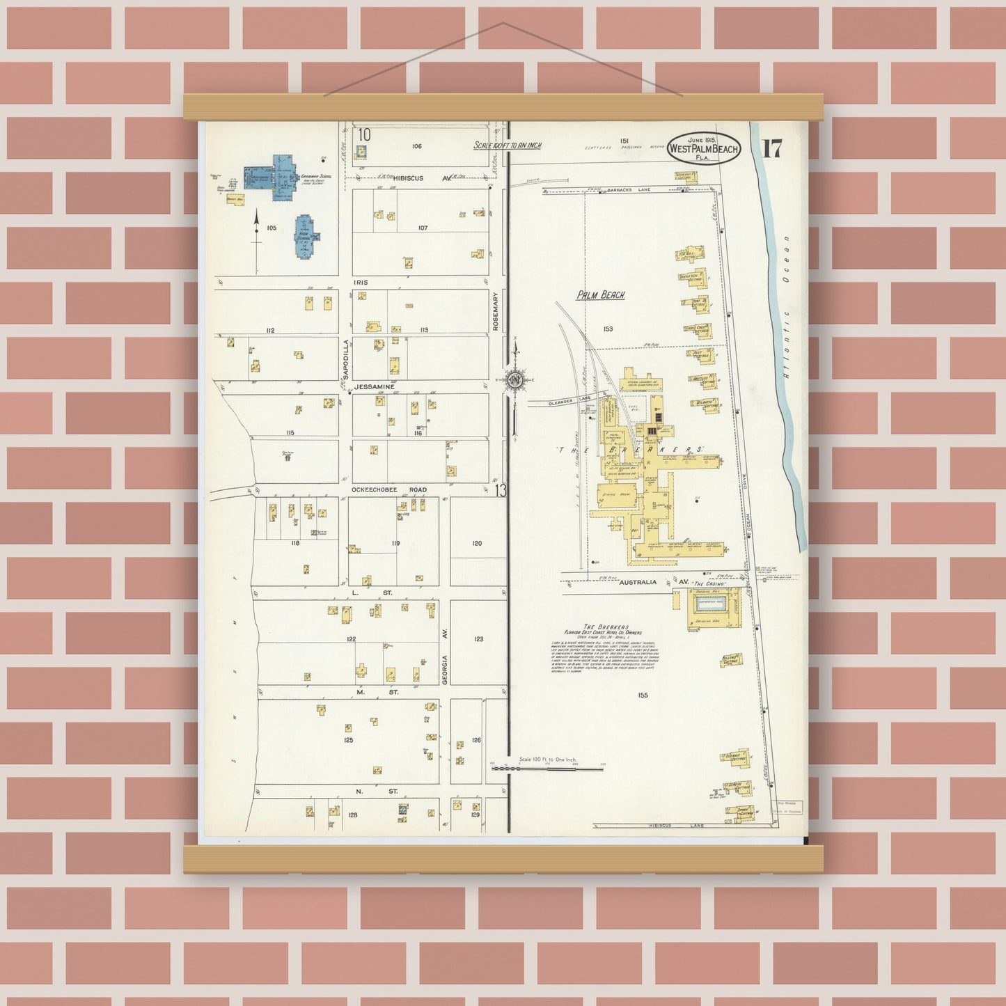 Old map wall art mockup — magnetic wood frame on brick wall — Sanborn Fire Insurance Map from West Palm Beach, Dade County, Florida (1915), Sheet #0017