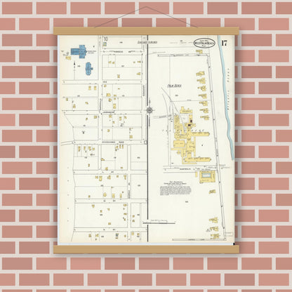 Old map wall art mockup — magnetic wood frame on brick wall — Sanborn Fire Insurance Map from West Palm Beach, Dade County, Florida (1915), Sheet #0017