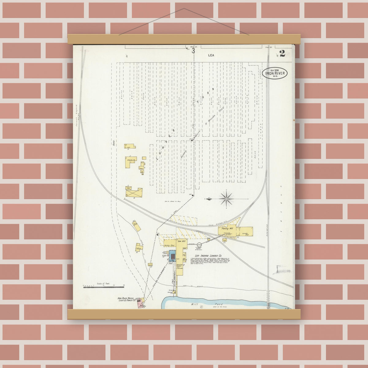 Old map wall art mockup — magnetic wood frame on brick wall — Sanborn Fire Insurance Map from Iron River, Bayfield County, Wisconsin (1898), Sheet #0002