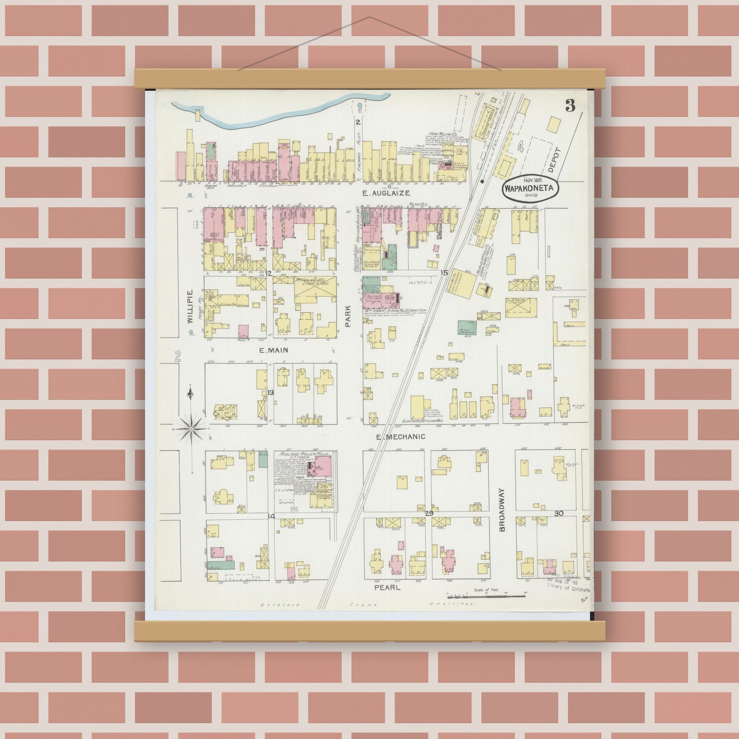 Old map wall art mockup — magnetic wood frame on brick wall — Sanborn Fire Insurance Map from Wapakoneta, Auglaize County, Ohio (1892), Sheet #0003