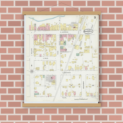 Old map wall art mockup — magnetic wood frame on brick wall — Sanborn Fire Insurance Map from Wapakoneta, Auglaize County, Ohio (1892), Sheet #0003