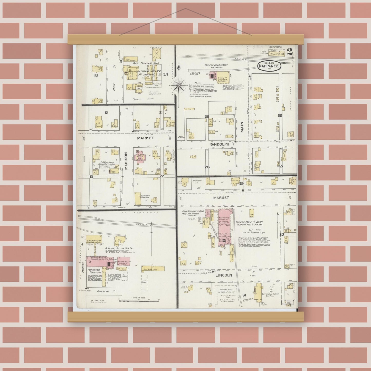 Old map wall art mockup — magnetic wood frame on brick wall — Sanborn Fire Insurance Map from Nappanee, Elkhart County, Indiana (1892), Sheet #0002