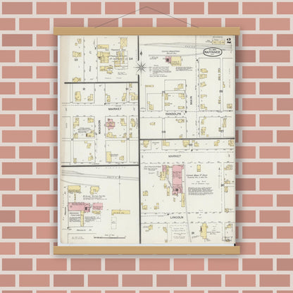 Old map wall art mockup — magnetic wood frame on brick wall — Sanborn Fire Insurance Map from Nappanee, Elkhart County, Indiana (1892), Sheet #0002