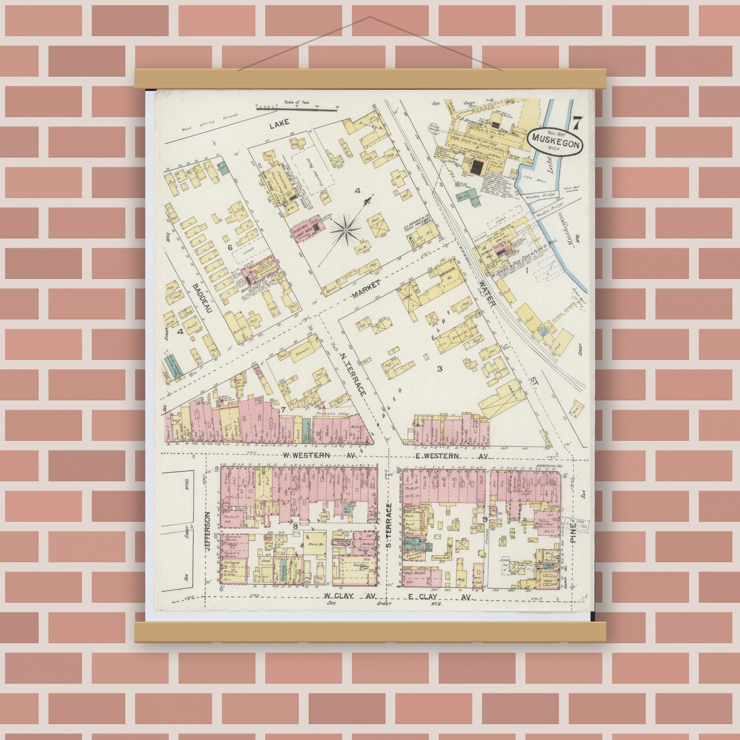 Old map wall art mockup — magnetic wood frame on brick wall — Sanborn Fire Insurance Map from Muskegon, Muskegon County, Michigan (1887), Sheet #0007