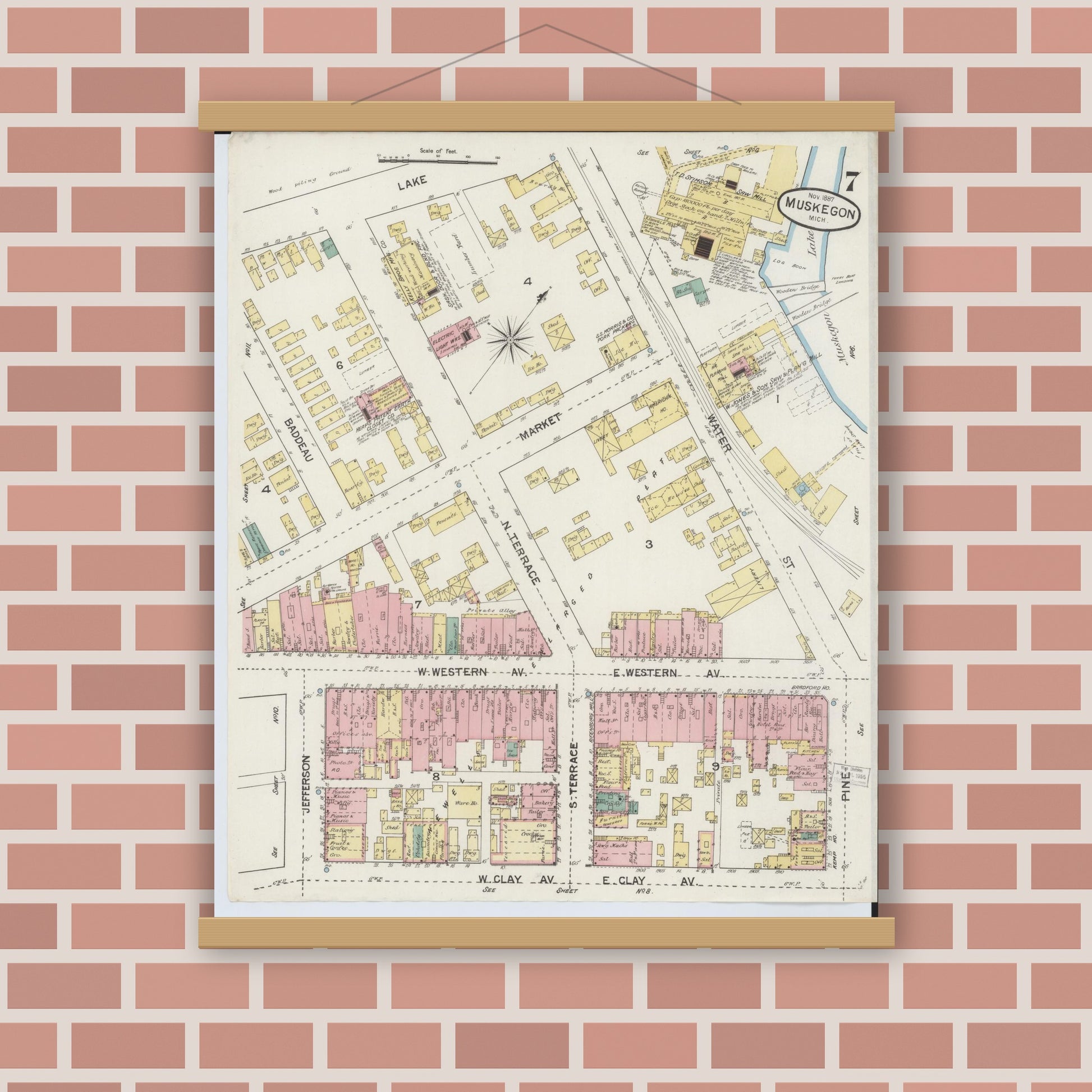 Old map wall art mockup — magnetic wood frame on brick wall — Sanborn Fire Insurance Map from Muskegon, Muskegon County, Michigan (1887), Sheet #0007