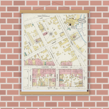 Old map wall art mockup — magnetic wood frame on brick wall — Sanborn Fire Insurance Map from Muskegon, Muskegon County, Michigan (1887), Sheet #0007