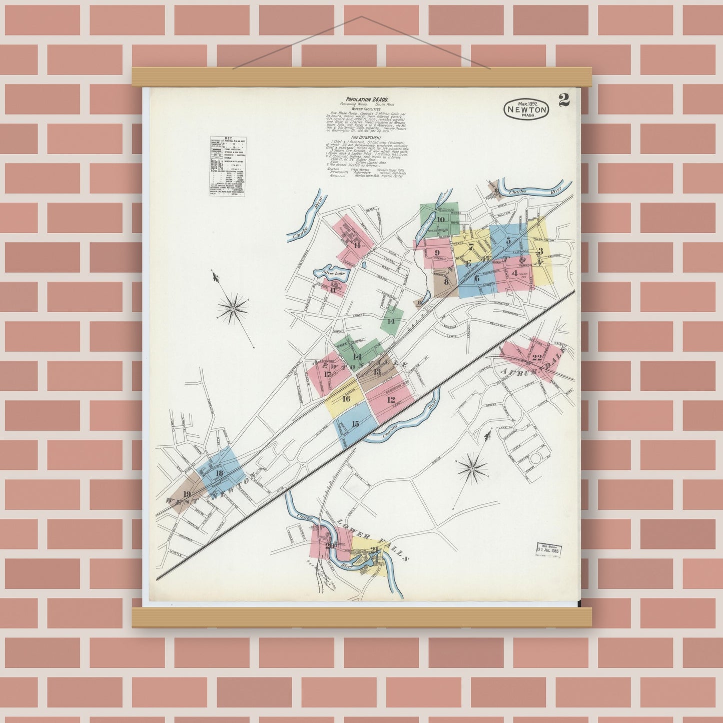Old map wall art mockup — magnetic wood frame on brick wall — Sanborn Fire Insurance Map from Newton, Middlesex County, Massachusetts (1892), Sheet #0002