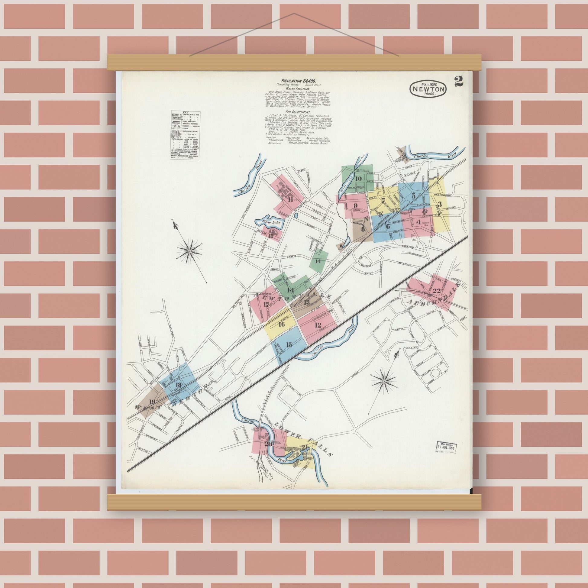 Old map wall art mockup — magnetic wood frame on brick wall — Sanborn Fire Insurance Map from Newton, Middlesex County, Massachusetts (1892), Sheet #0002