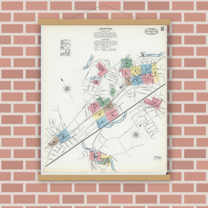 Old map wall art mockup — magnetic wood frame on brick wall — Sanborn Fire Insurance Map from Newton, Middlesex County, Massachusetts (1892), Sheet #0002