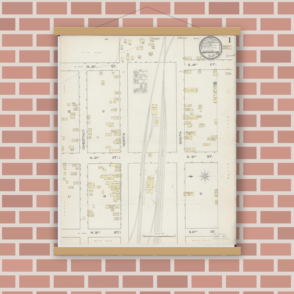 Old map wall art mockup — magnetic wood frame on brick wall — Sanborn Fire Insurance Map from Northern Pacific Junction, Carlton County, Minnesota (1885), Sheet #0001