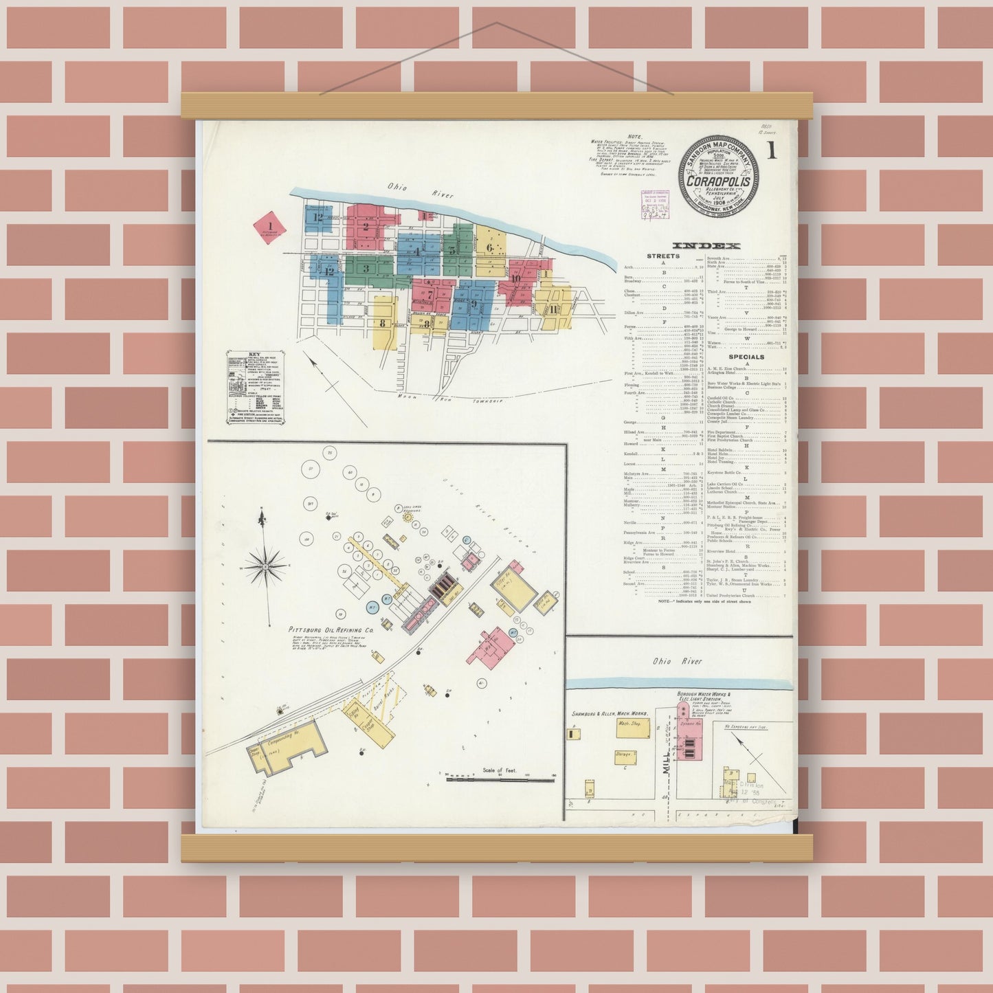 Old map wall art mockup — magnetic wood frame on brick wall — Sanborn Fire Insurance Map from Coraopolis, Allegheny County, Pennsylvania (1906) - Complete Map Set