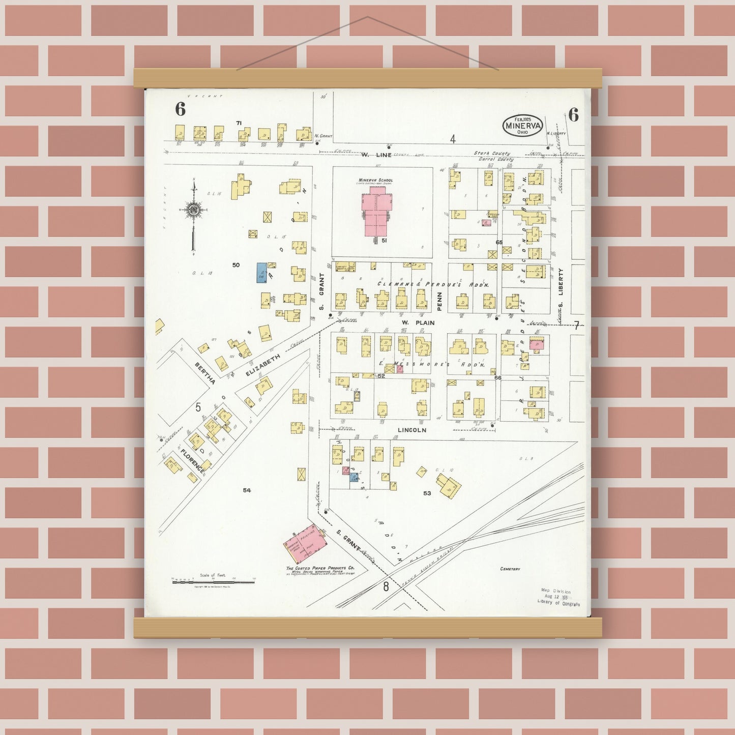 Old map wall art mockup — magnetic wood frame on brick wall — Sanborn Fire Insurance Map from Minerva, Stark And Carroll Counties, Ohio (1925), Sheet #0006