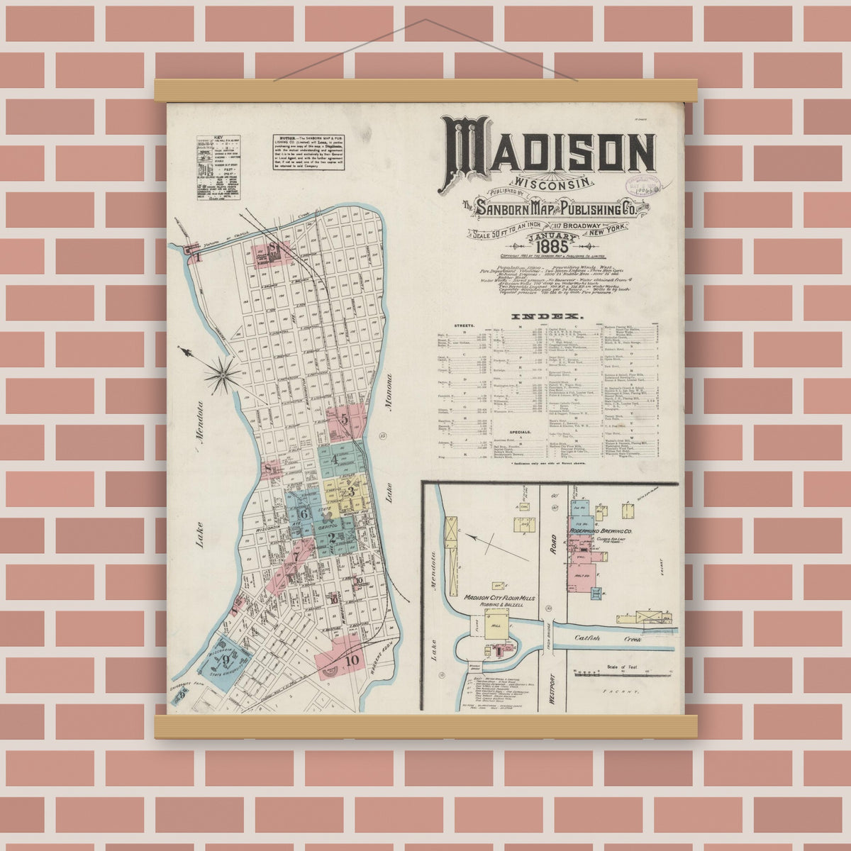 Old map wall art mockup — magnetic wood frame on brick wall — Sanborn Fire Insurance Map from Madison, Dane County, Wisconsin (1885) - Complete Map Set
