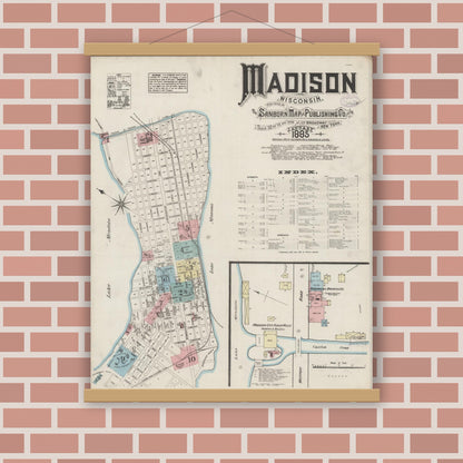 Old map wall art mockup — magnetic wood frame on brick wall — Sanborn Fire Insurance Map from Madison, Dane County, Wisconsin (1885) - Complete Map Set