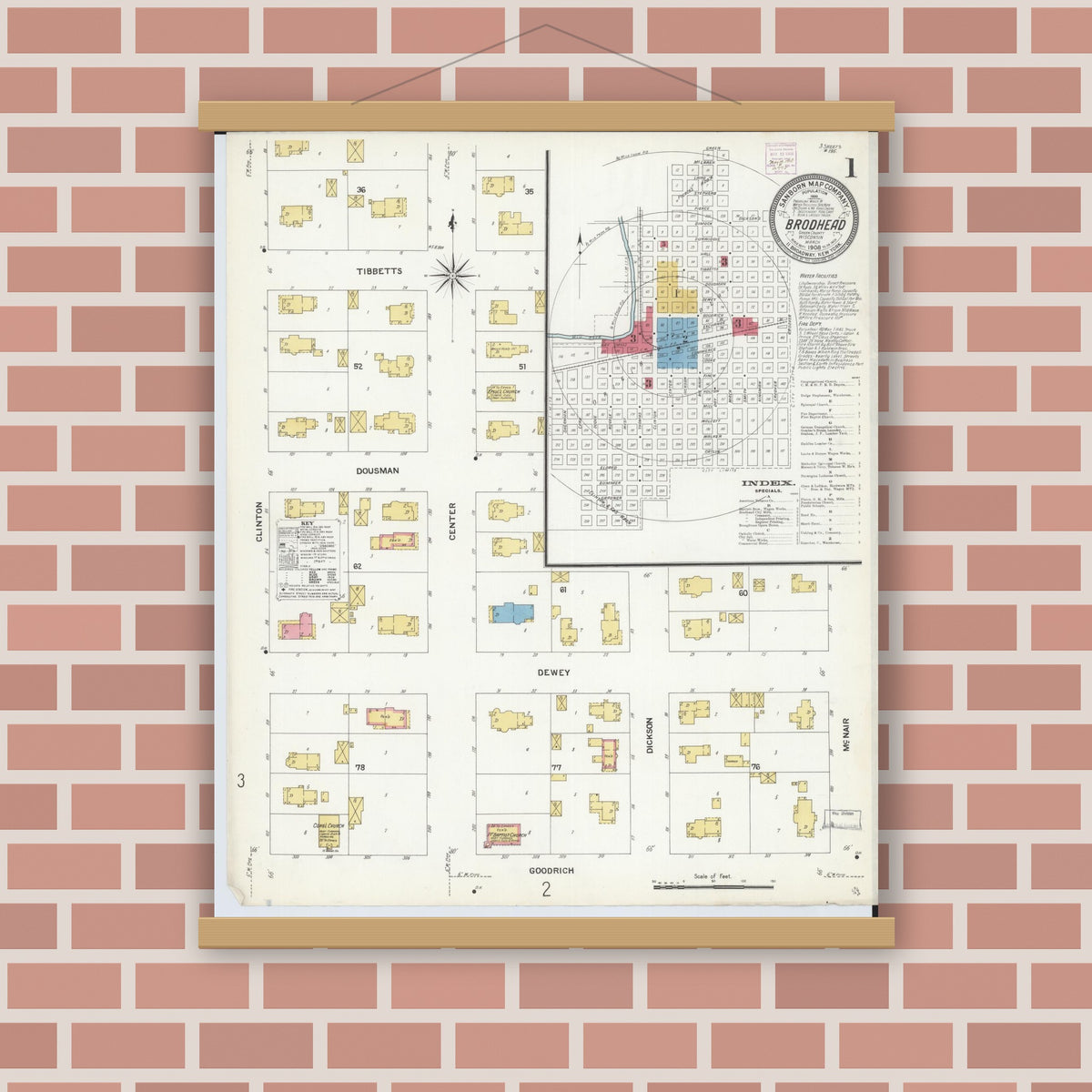 Old map wall art mockup — magnetic wood frame on brick wall — Sanborn Fire Insurance Map from Brodhead, Green County, Wisconsin (1908) - Complete Map Set