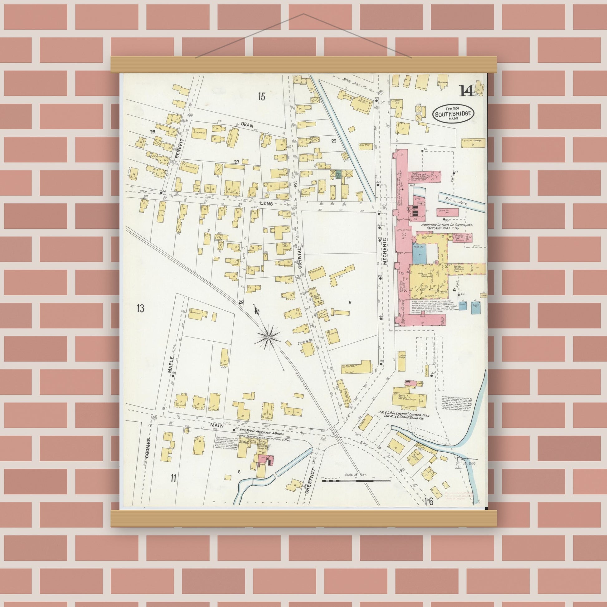 Old map wall art mockup — magnetic wood frame on brick wall — Sanborn Fire Insurance Map from Southbridge, Worcester County, Massachusetts (1904), Sheet #0014