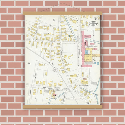 Old map wall art mockup — magnetic wood frame on brick wall — Sanborn Fire Insurance Map from Southbridge, Worcester County, Massachusetts (1904), Sheet #0014