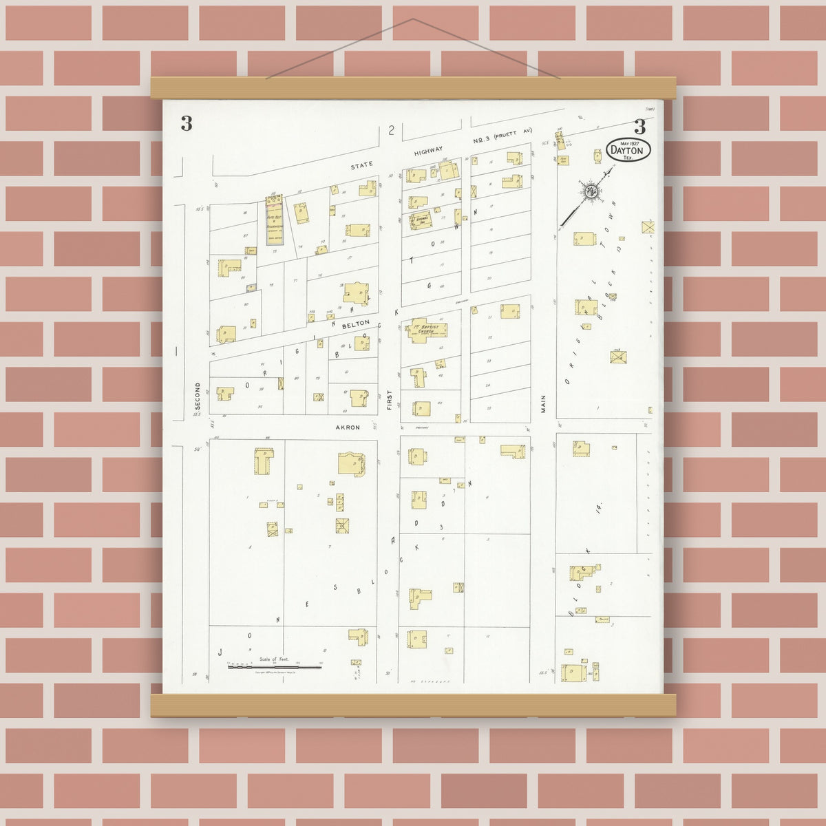 Old map wall art mockup — magnetic wood frame on brick wall — Sanborn Fire Insurance Map from Dayton, Liberty County, Texas (1927), Sheet #0003