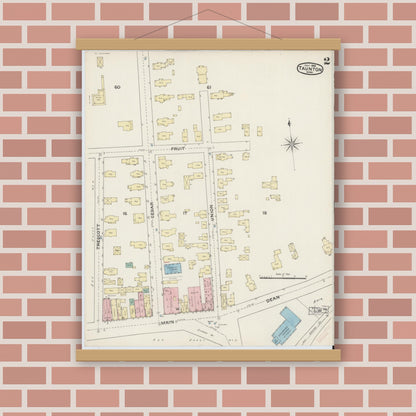 Old map wall art mockup — magnetic wood frame on brick wall — Sanborn Fire Insurance Map from Taunton, Bristol County, Massachusetts (1888), Sheet #0002
