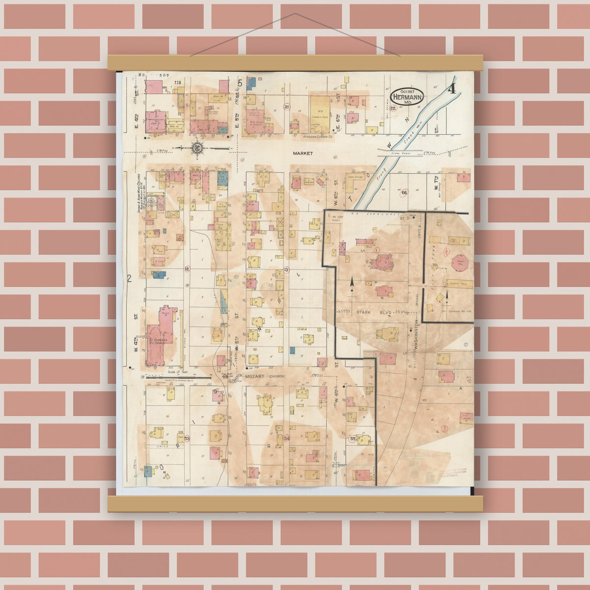 Old map wall art mockup — magnetic wood frame on brick wall — Sanborn Fire Insurance Map from Hermann, Gasconade County, Missouri (1932), Sheet #0004