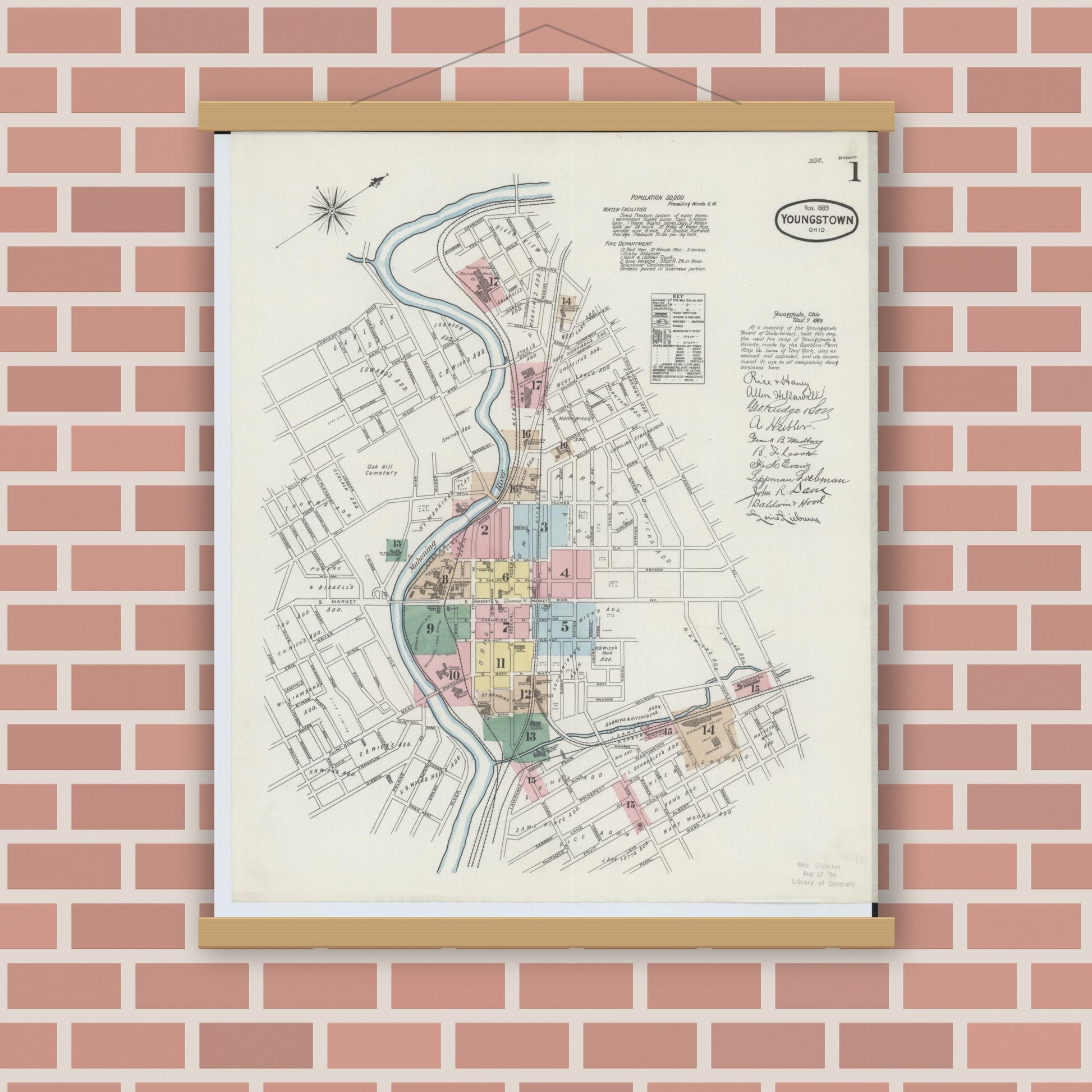 Old map wall art mockup — magnetic wood frame on brick wall — Sanborn Fire Insurance Map from Youngstown, Mahoning County, Ohio (1889) - Complete Map Set