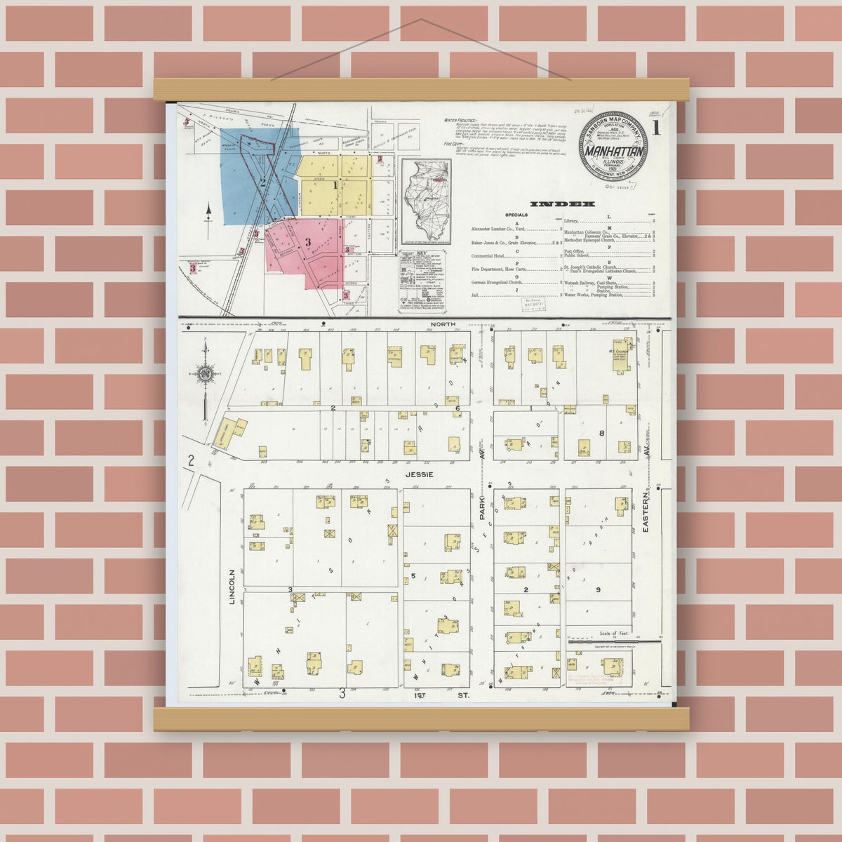 Old map wall art mockup — magnetic wood frame on brick wall — Sanborn Fire Insurance Map from Manhattan, Will County, Illinois (1921), Sheet #0001