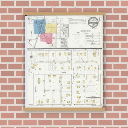 Old map wall art mockup — magnetic wood frame on brick wall — Sanborn Fire Insurance Map from Manhattan, Will County, Illinois (1921), Sheet #0001