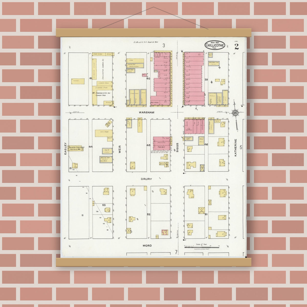 Old map wall art mockup — magnetic wood frame on brick wall — Sanborn Fire Insurance Map from Chillicothe, Hardeman County, Texas (1921), Sheet #0002