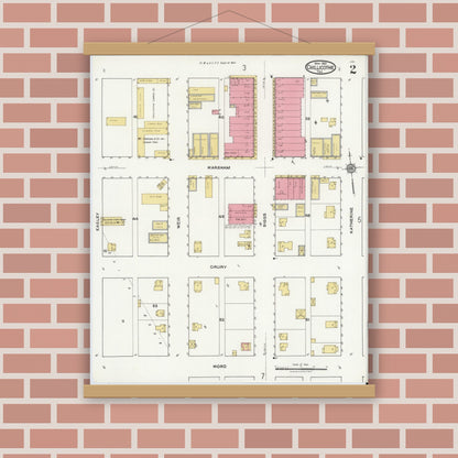 Old map wall art mockup — magnetic wood frame on brick wall — Sanborn Fire Insurance Map from Chillicothe, Hardeman County, Texas (1921), Sheet #0002