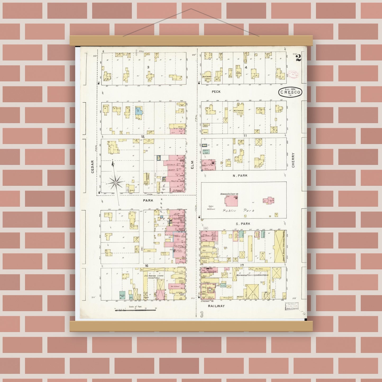 Old map wall art mockup — magnetic wood frame on brick wall — Sanborn Fire Insurance Map from Cresco, Howard County, Iowa (1894), Sheet #0002