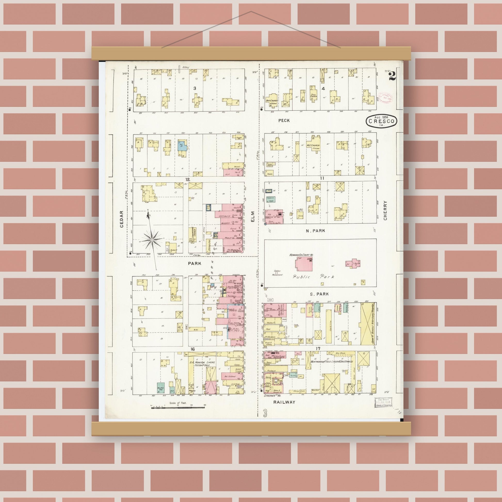 Old map wall art mockup — magnetic wood frame on brick wall — Sanborn Fire Insurance Map from Cresco, Howard County, Iowa (1894), Sheet #0002