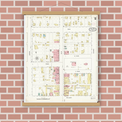 Old map wall art mockup — magnetic wood frame on brick wall — Sanborn Fire Insurance Map from Cresco, Howard County, Iowa (1894), Sheet #0002