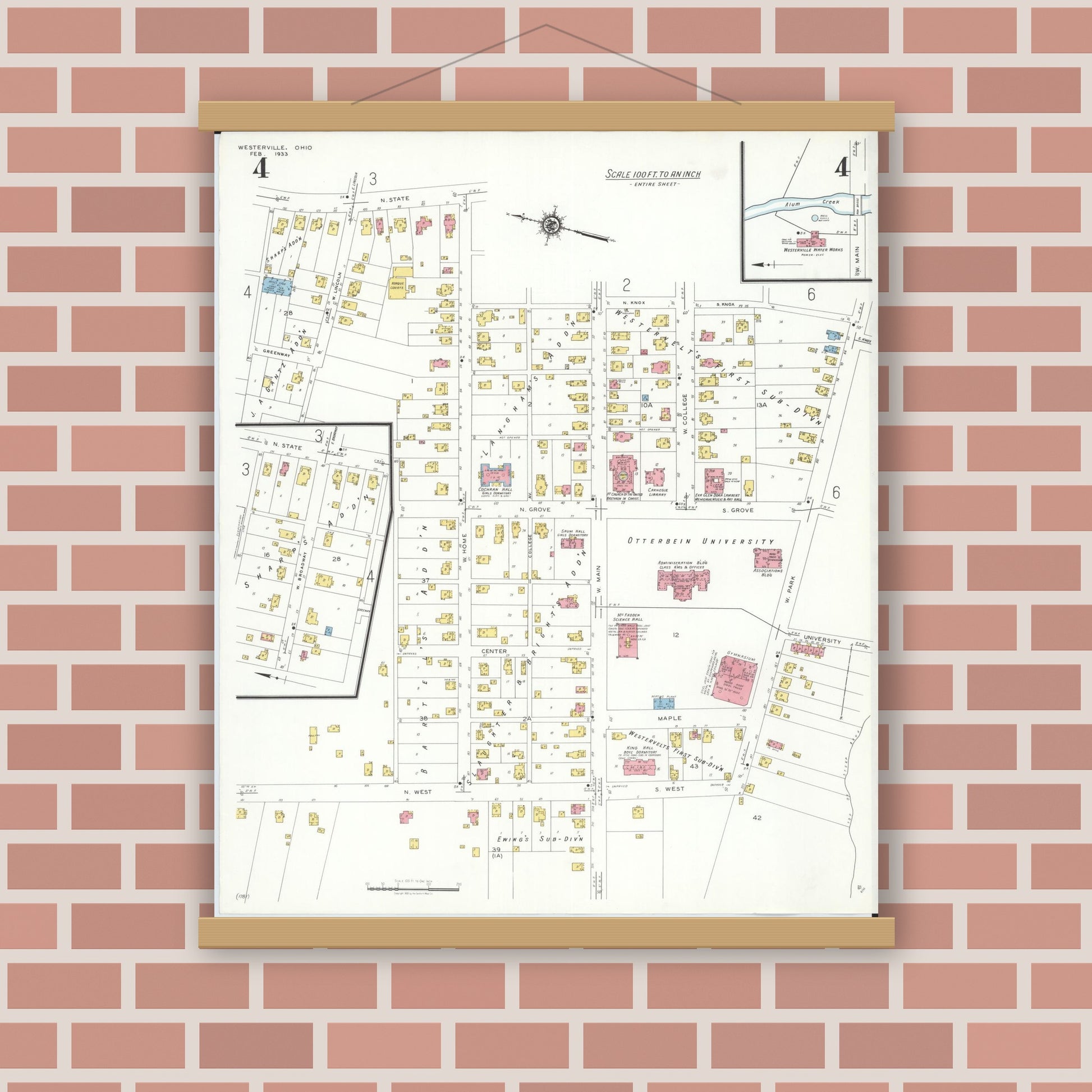 Old map wall art mockup — magnetic wood frame on brick wall — Sanborn Fire Insurance Map from Westerville, Franklin County, Ohio (1933), Sheet #0004