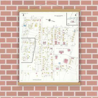 Old map wall art mockup — magnetic wood frame on brick wall — Sanborn Fire Insurance Map from Westerville, Franklin County, Ohio (1933), Sheet #0004