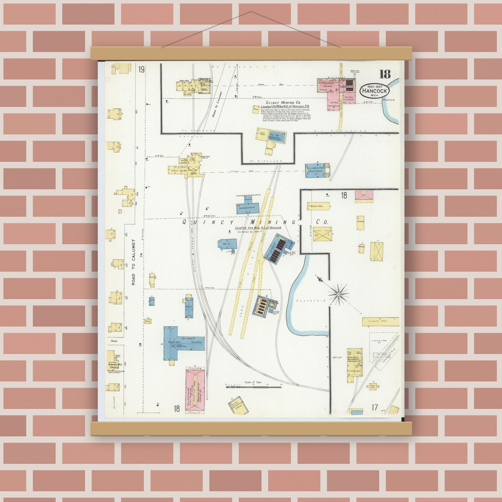 Old map wall art mockup — magnetic wood frame on brick wall — Sanborn Fire Insurance Map from Hancock, Houghton County, Michigan (1907), Sheet #0018