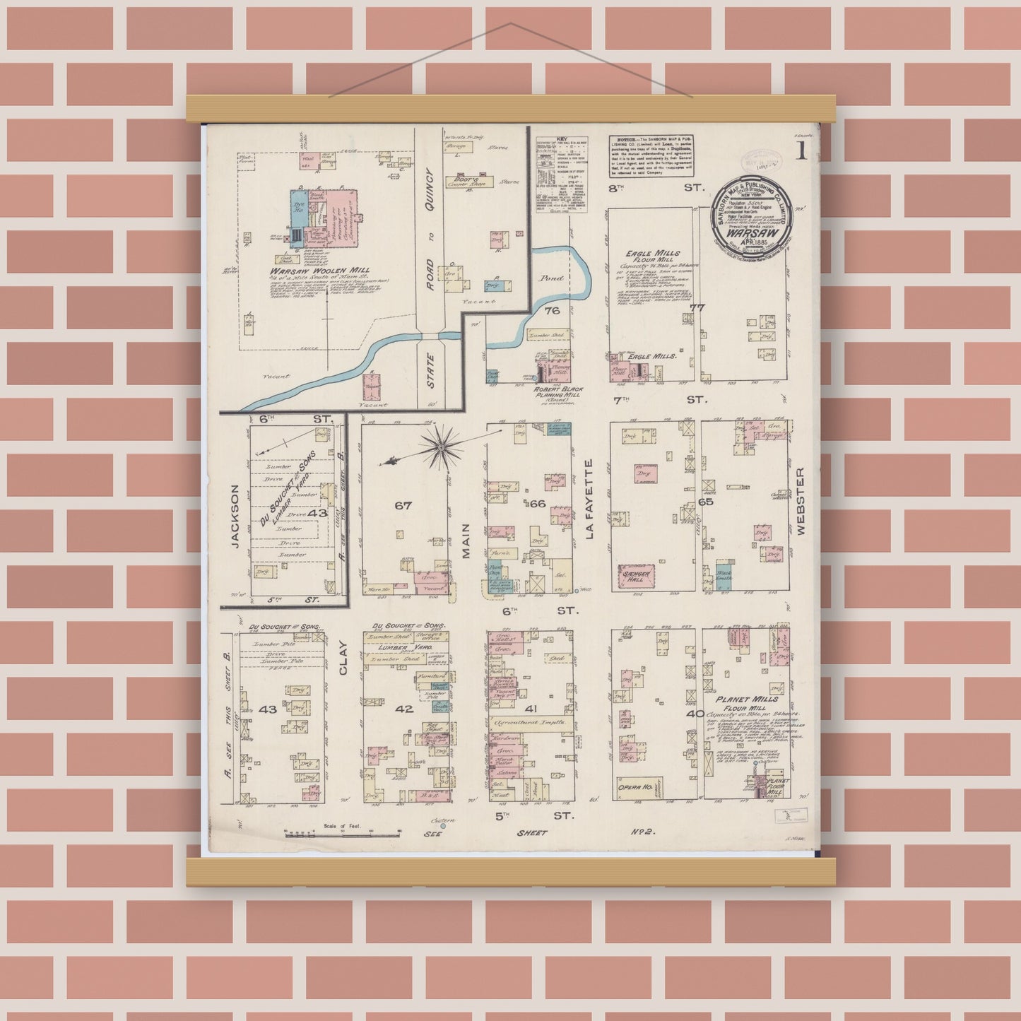 Old map wall art mockup — magnetic wood frame on brick wall — Sanborn Fire Insurance Map from Warsaw, Hancock County, Illinois (1885), Sheet #0001