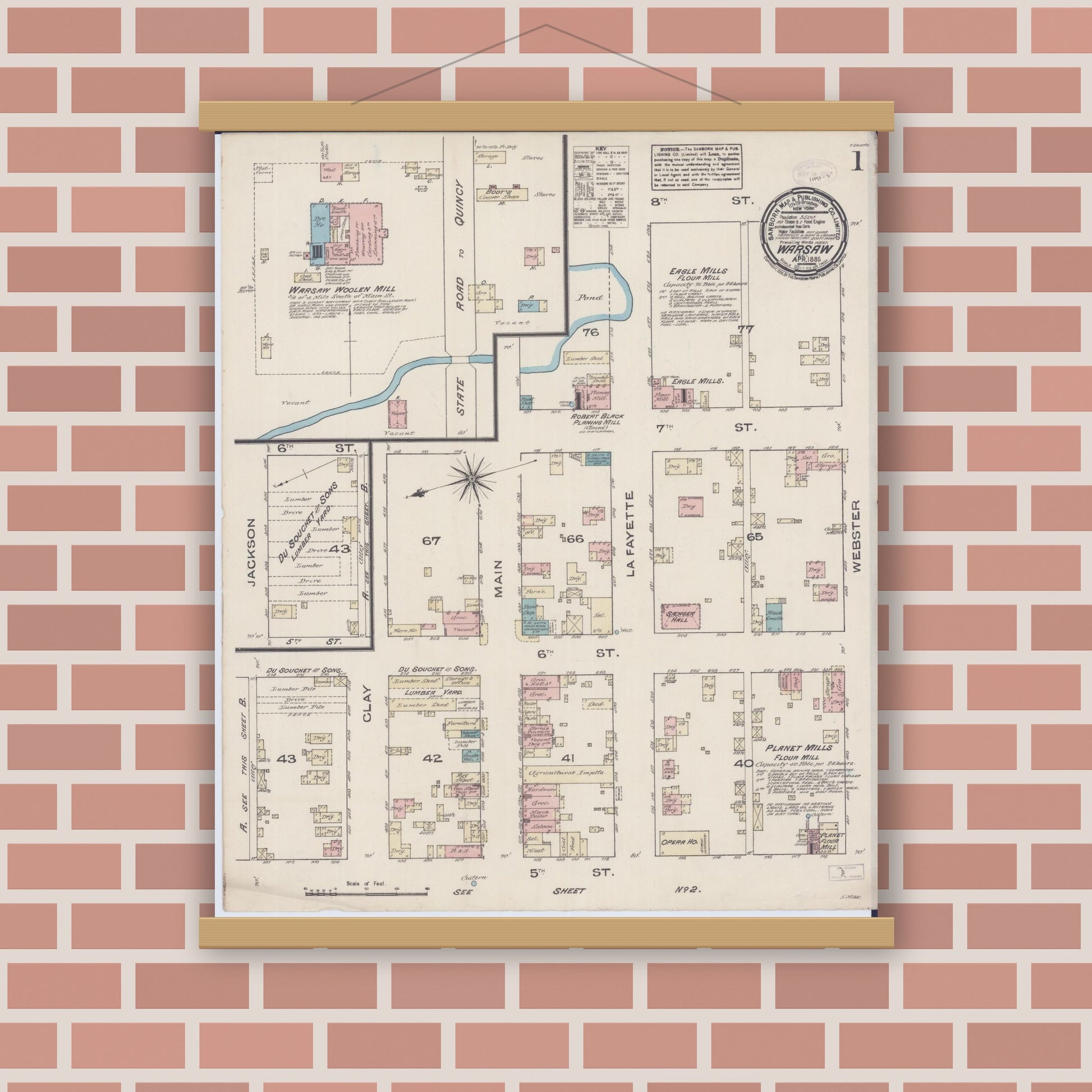 Old map wall art mockup — magnetic wood frame on brick wall — Sanborn Fire Insurance Map from Warsaw, Hancock County, Illinois (1885), Sheet #0001
