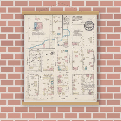 Old map wall art mockup — magnetic wood frame on brick wall — Sanborn Fire Insurance Map from Warsaw, Hancock County, Illinois (1885), Sheet #0001