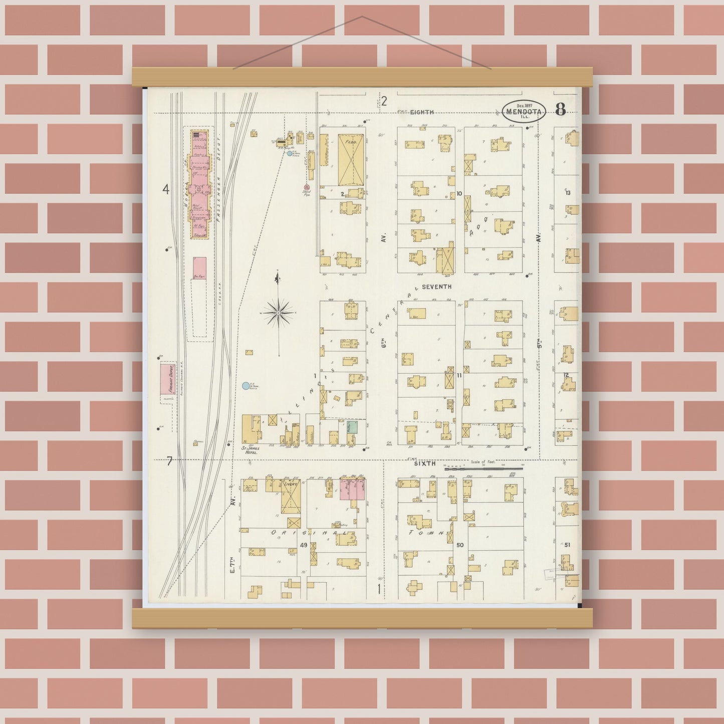 Old map wall art mockup — magnetic wood frame on brick wall — Sanborn Fire Insurance Map from Mendota, La Salle County, Illinois (1897), Sheet #0008